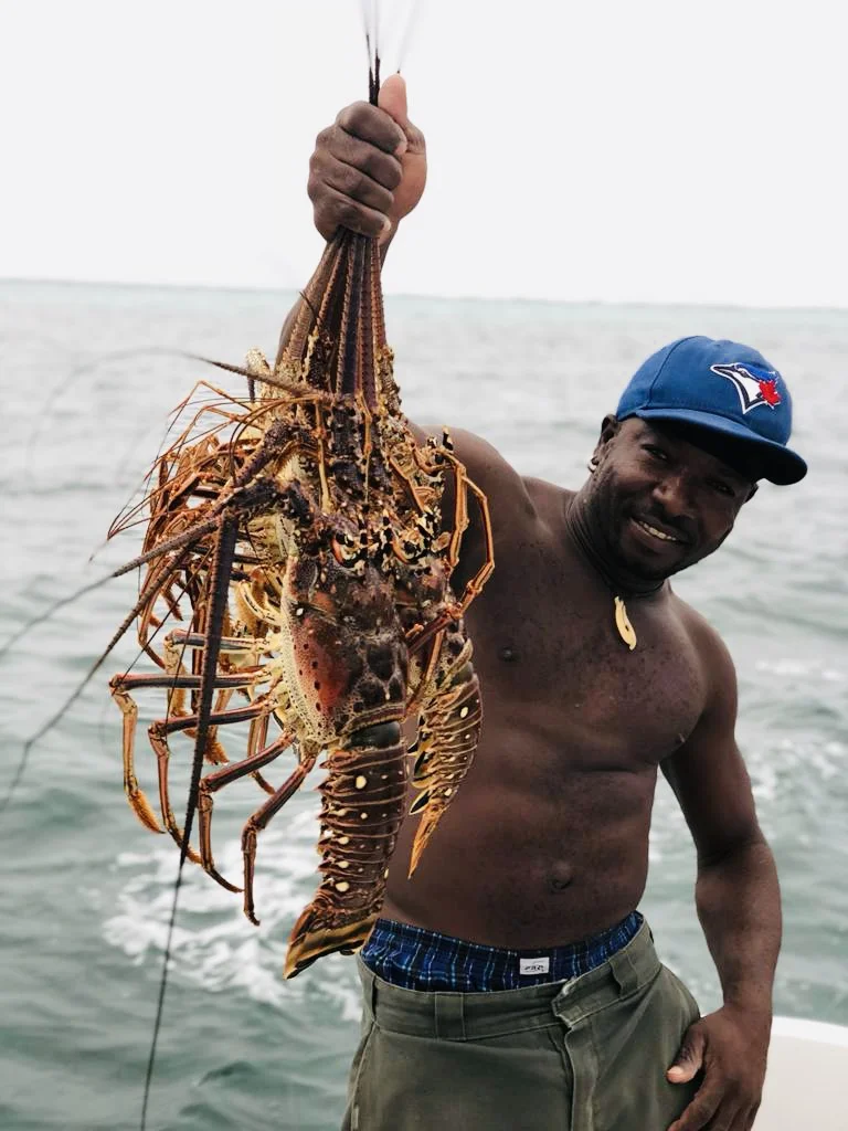 Cliff with a lobster catch beside the boat